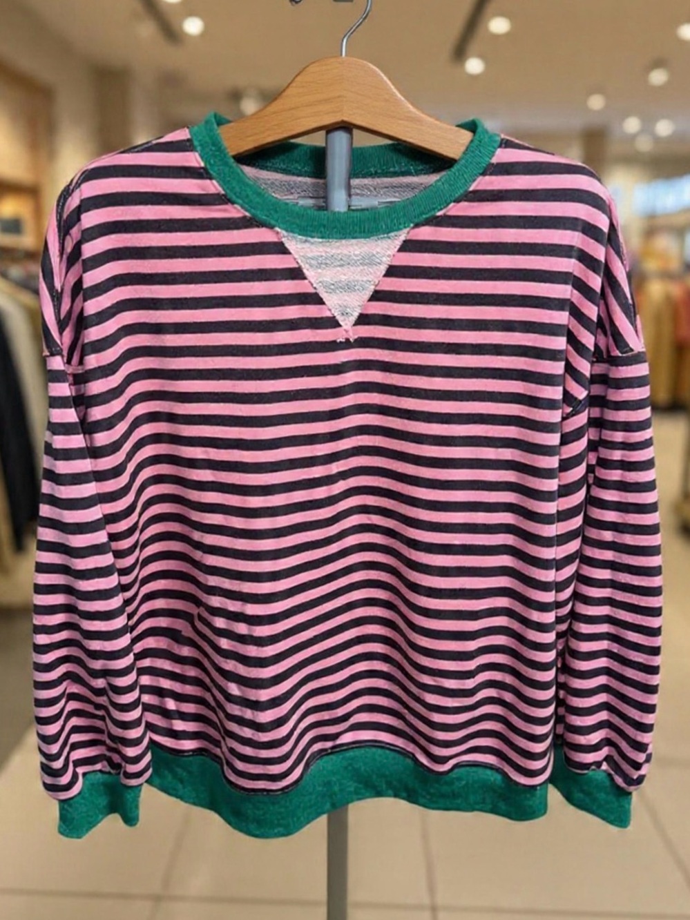 Amazon Basics -Pink and Gray Striped, Green Trim Sweatshirt - size XL - Like New